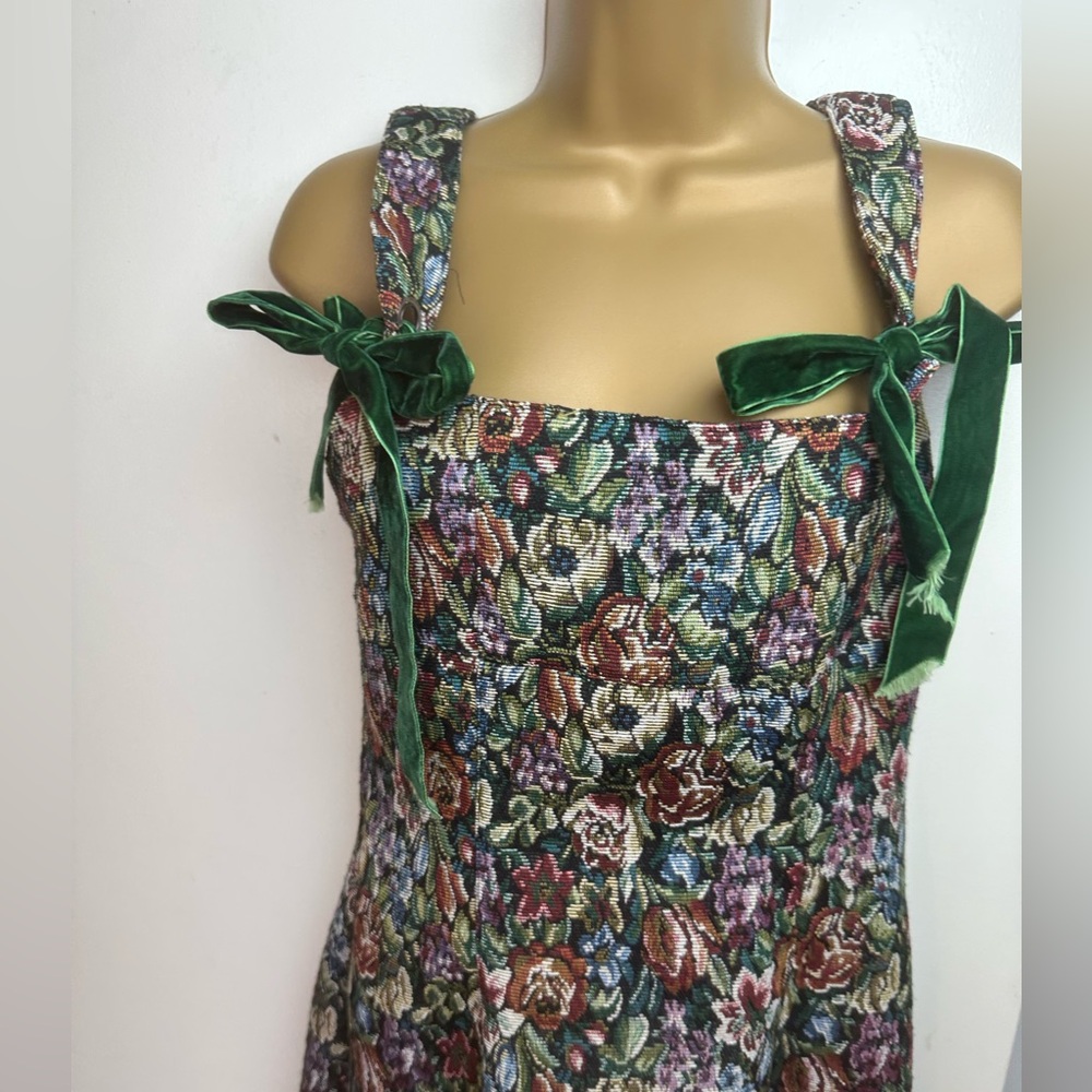 Dolls Kill Floral Tapestry Mini Dress with Green Velvet Ties - Picture 9 of 16